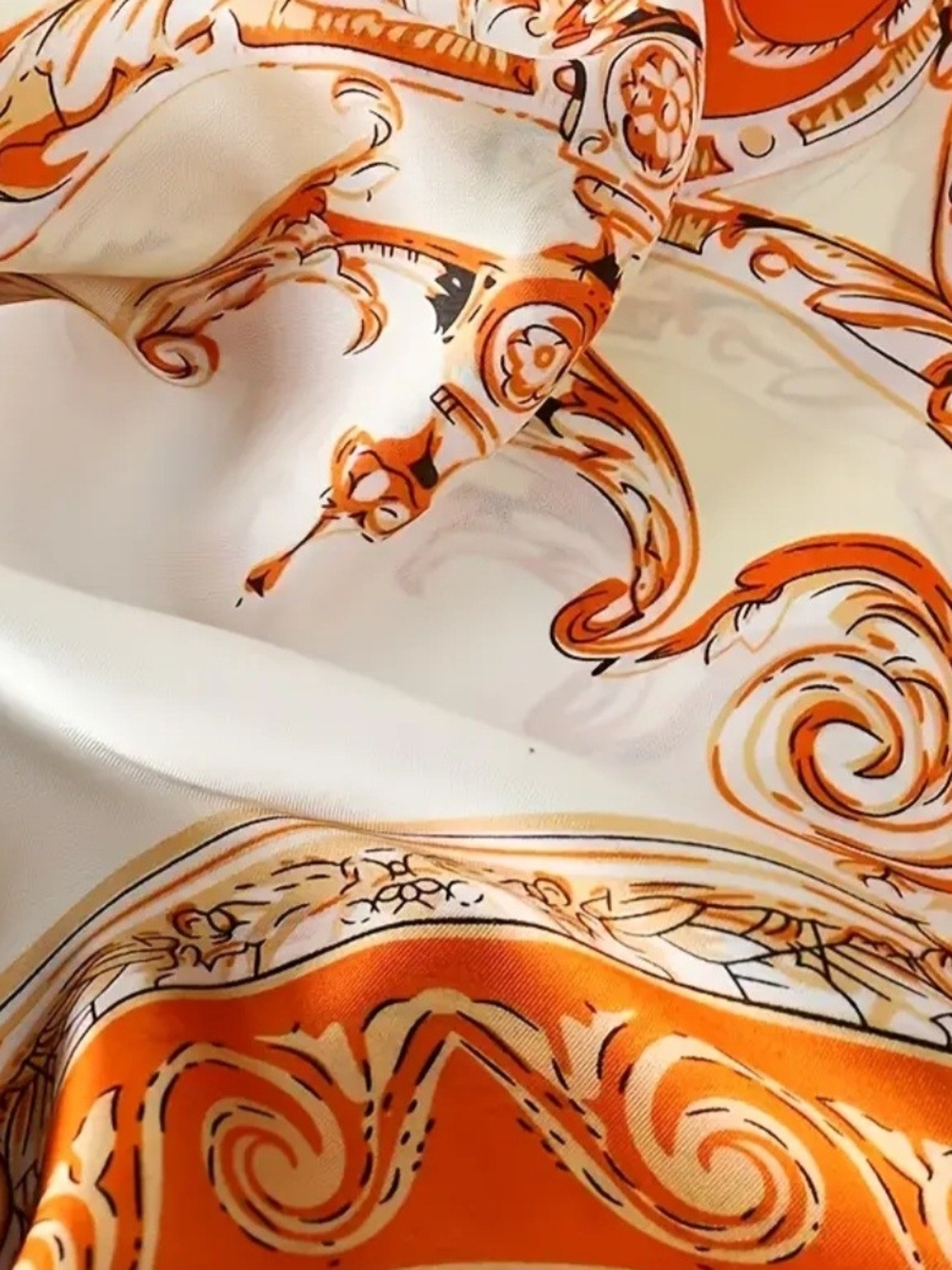Silk-Feel Orange & Cream Printed Head Scarf - Picture 2 of 4